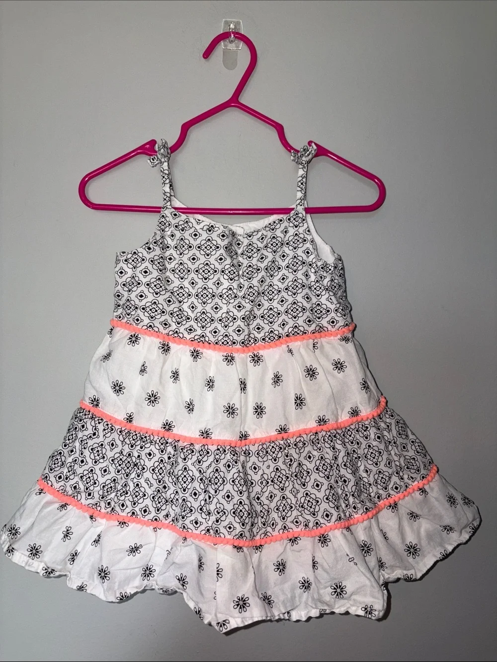 Girls White & Black Floral Tiered Dress with Neon Pink Trim 12-18 months